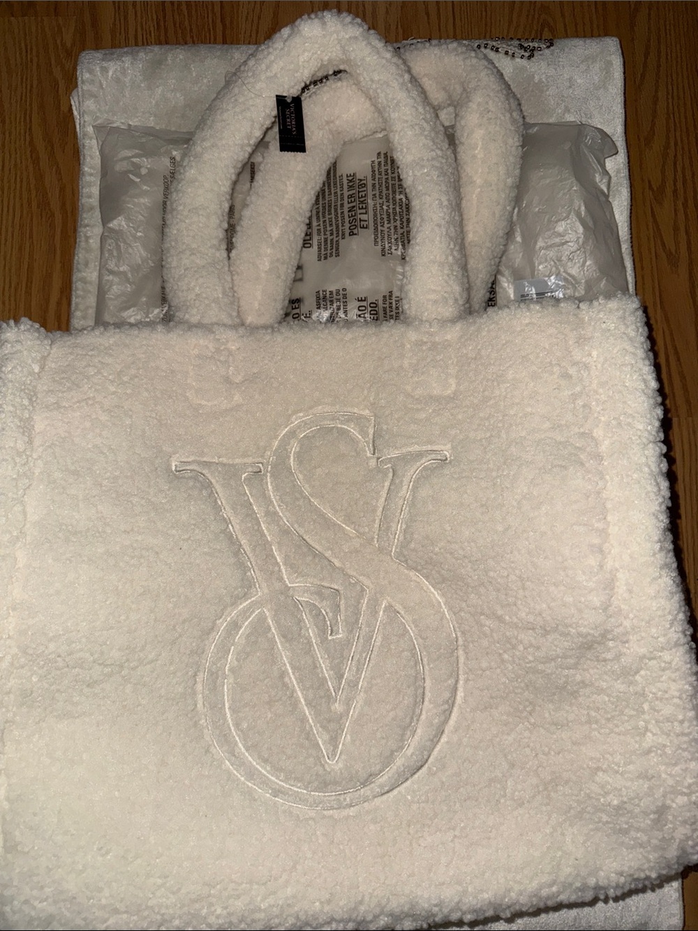 White Sherpa Tote Bag with Embossed Logo